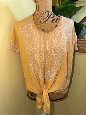 Johnny Was Embroidered Tie-Front Crop Top in Mustard Yellow